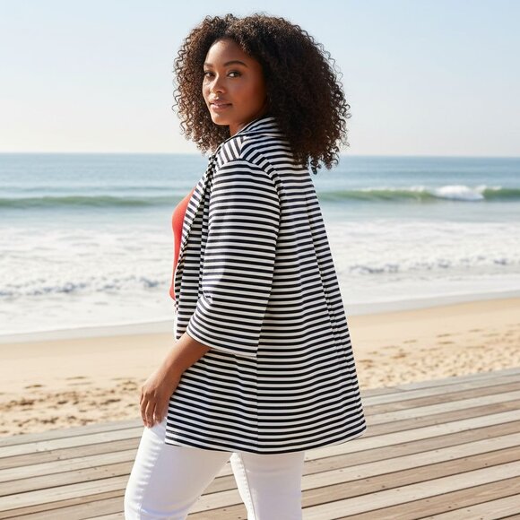 Vintage Pendleton Womens XL Striped Swing Jacket Blazer Navy/White Pleated Back - Picture 3 of 14